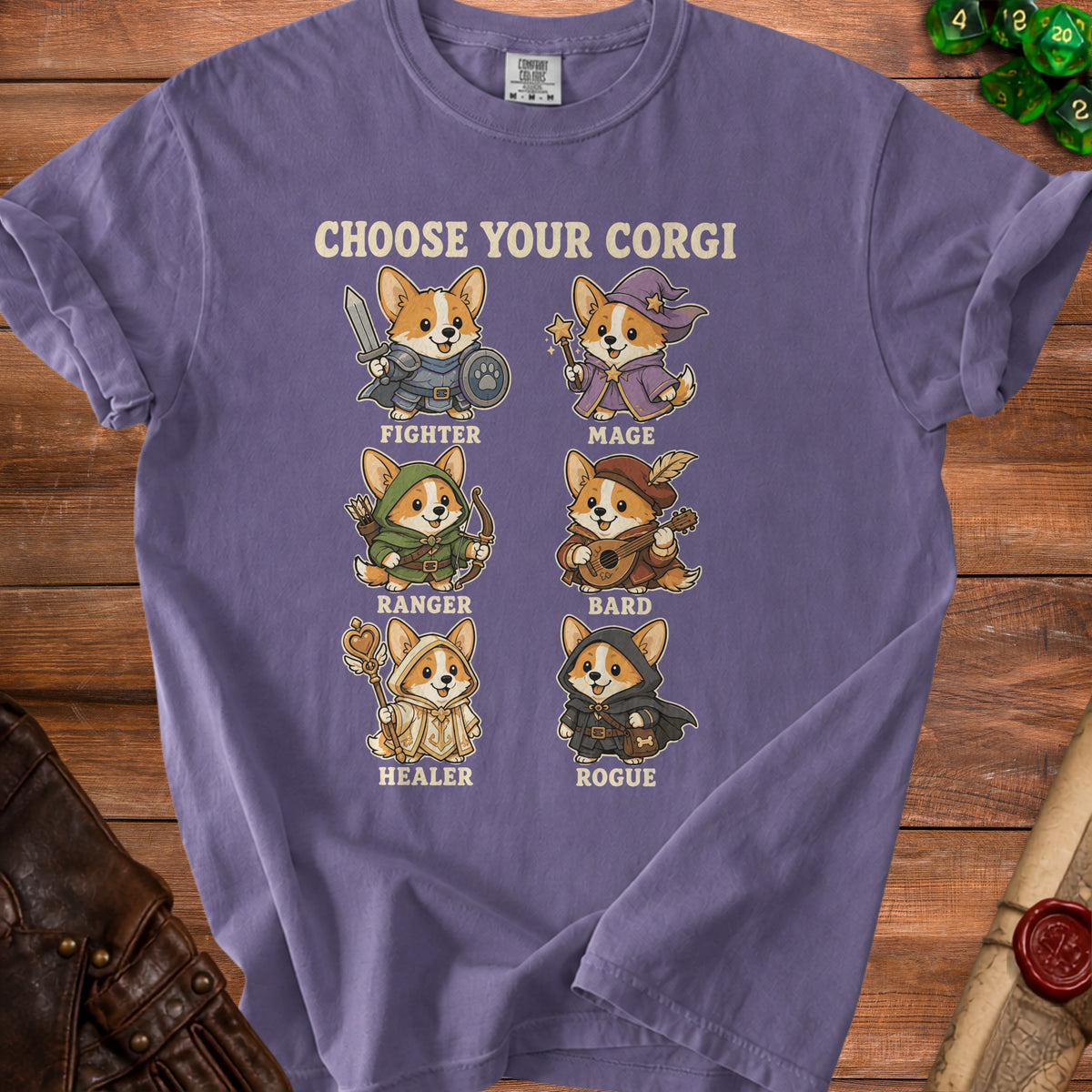 T-shirt with "Choose Your Corgi" text and illustrations of corgis as fighter, mage, ranger, bard, healer, and rogue.