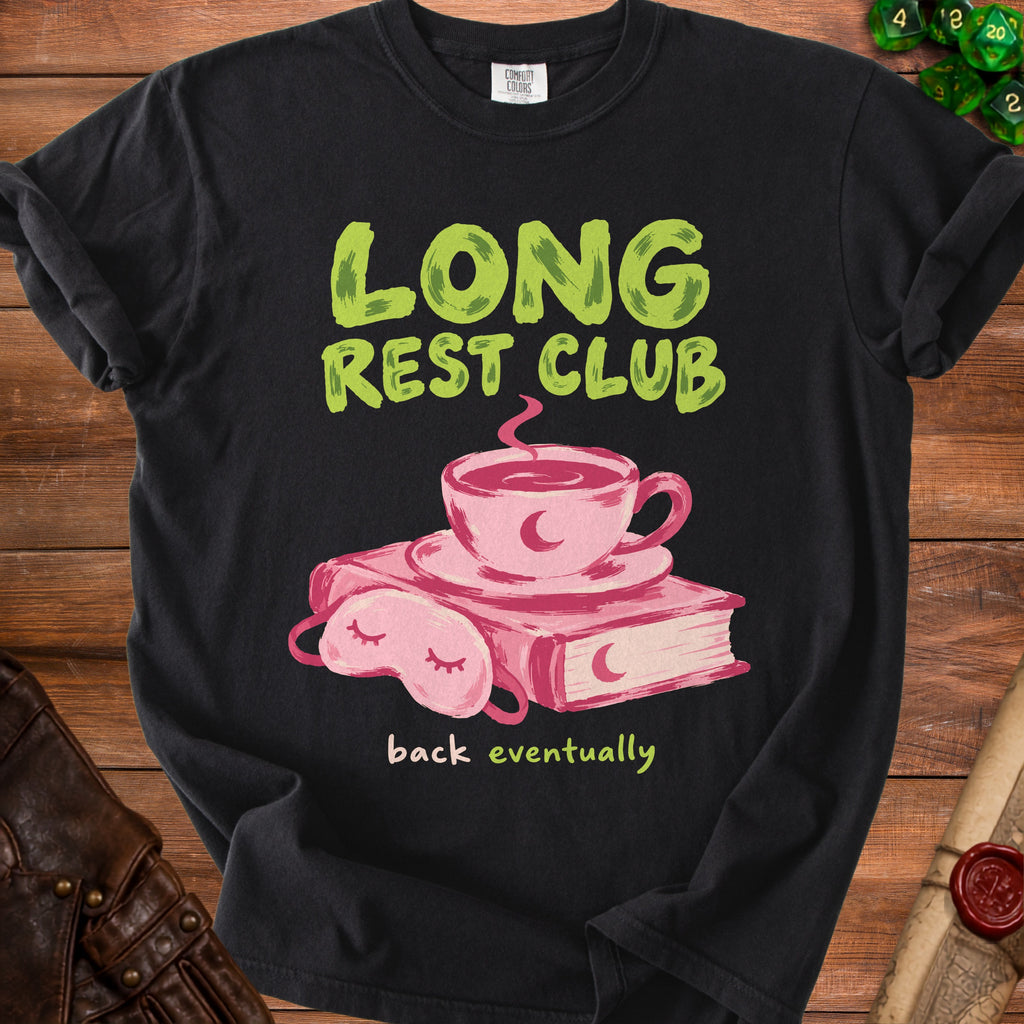 Black t-shirt with "LONG REST CLUB" and "back eventually" text, and a cup.