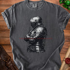 Dark gray t-shirt with knight armor graphic and "EMOTIONALLY UNAVAILABLE" text.