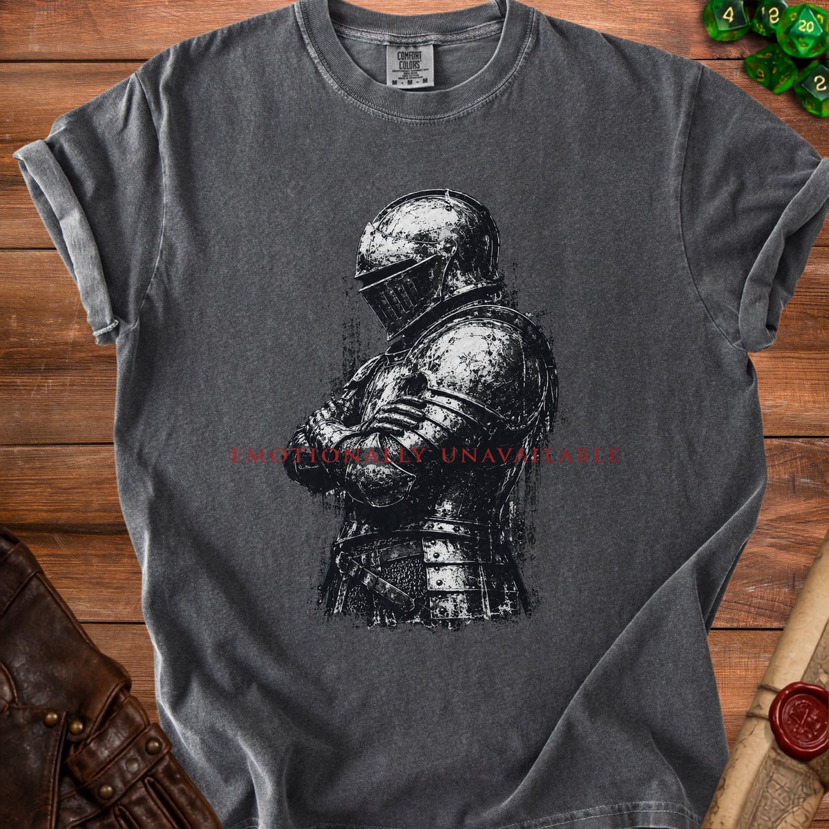 Dark gray t-shirt with knight armor graphic and "EMOTIONALLY UNAVAILABLE" text.