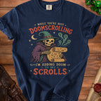 Skeleton wizard wearing a green hat holding a scroll with ghosts and text.