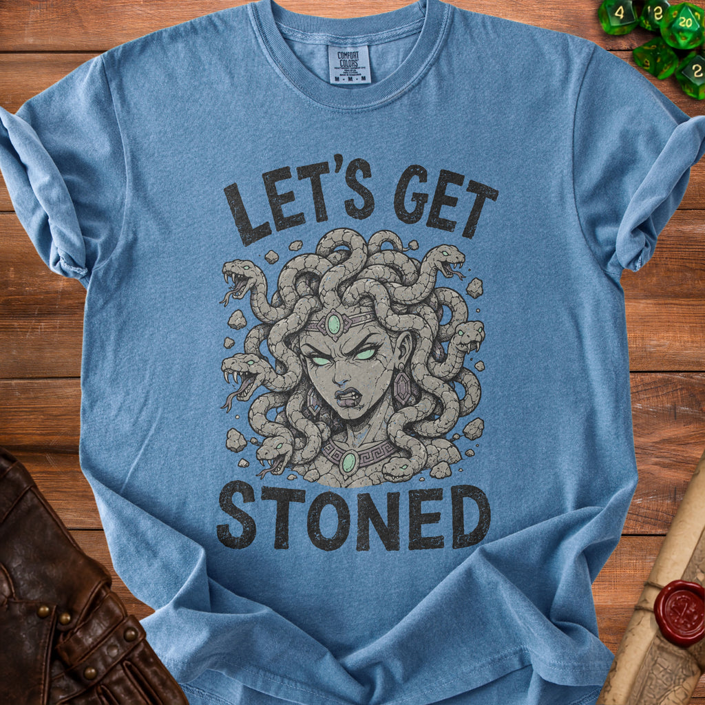 Blue t-shirt with graphic of Medusa and text "LET'S GET STONED".
