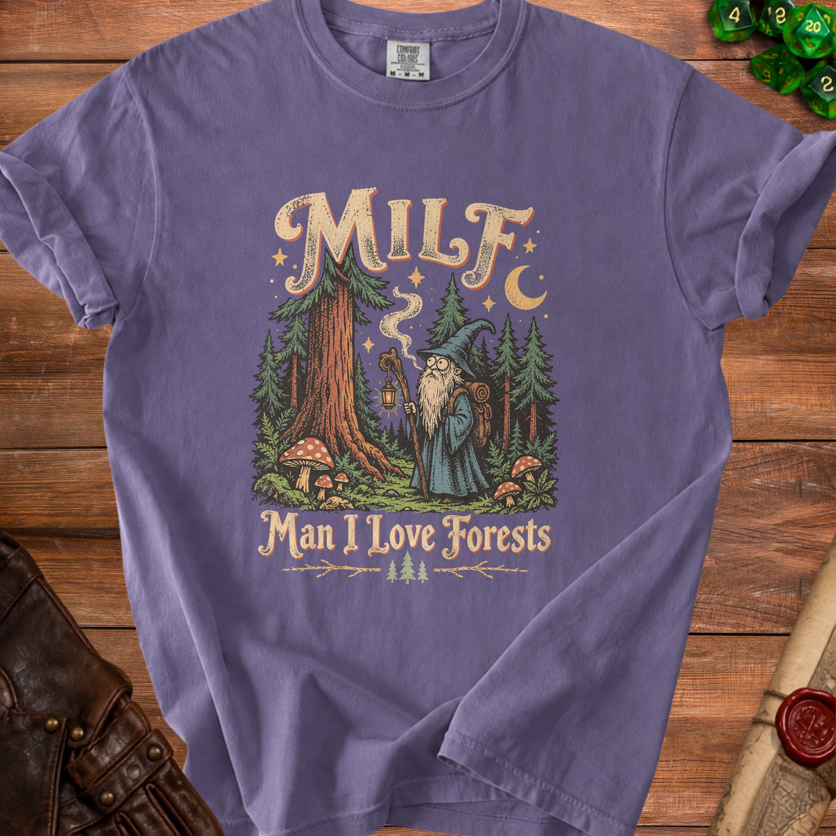 Purple t-shirt with "MILF Man I Love Forests" text and wizard graphic.