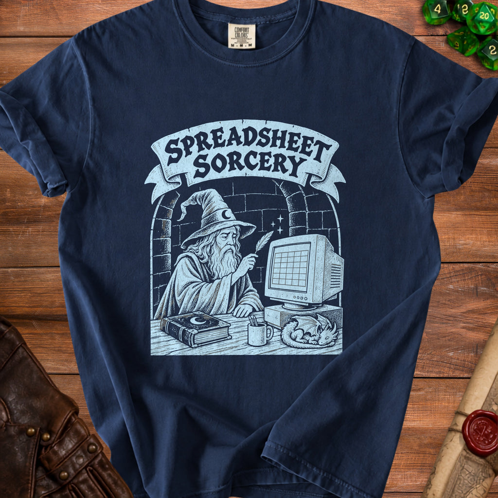 Wizard using a quill pen at a computer with text Spreadsheet Sorcery.