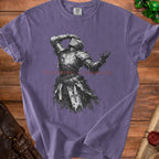 Purple t-shirt with a distressed knight graphic and "SUFFERING, CLASSICALLY" text.