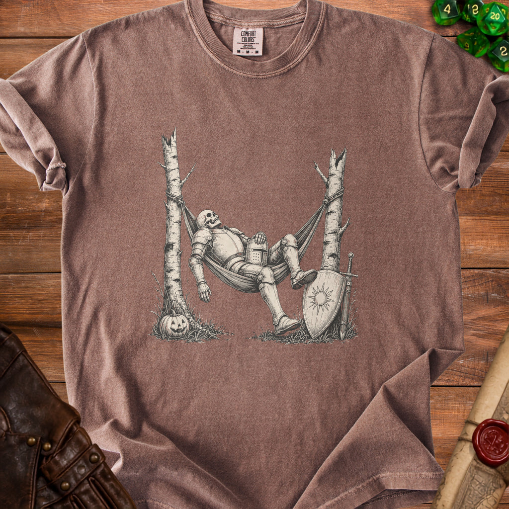 Skeleton knight in armor relaxing in a hammock with shield and sword.