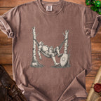 Skeleton knight in armor relaxing in a hammock with shield and sword.