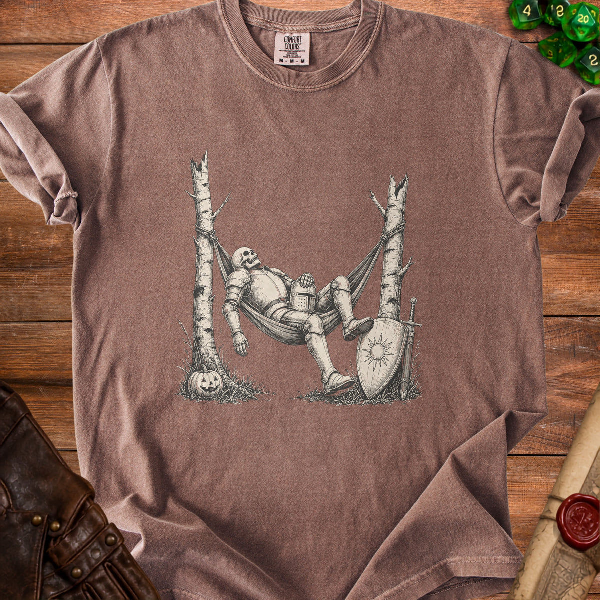 Skeleton knight in armor relaxing in a hammock with shield and sword.