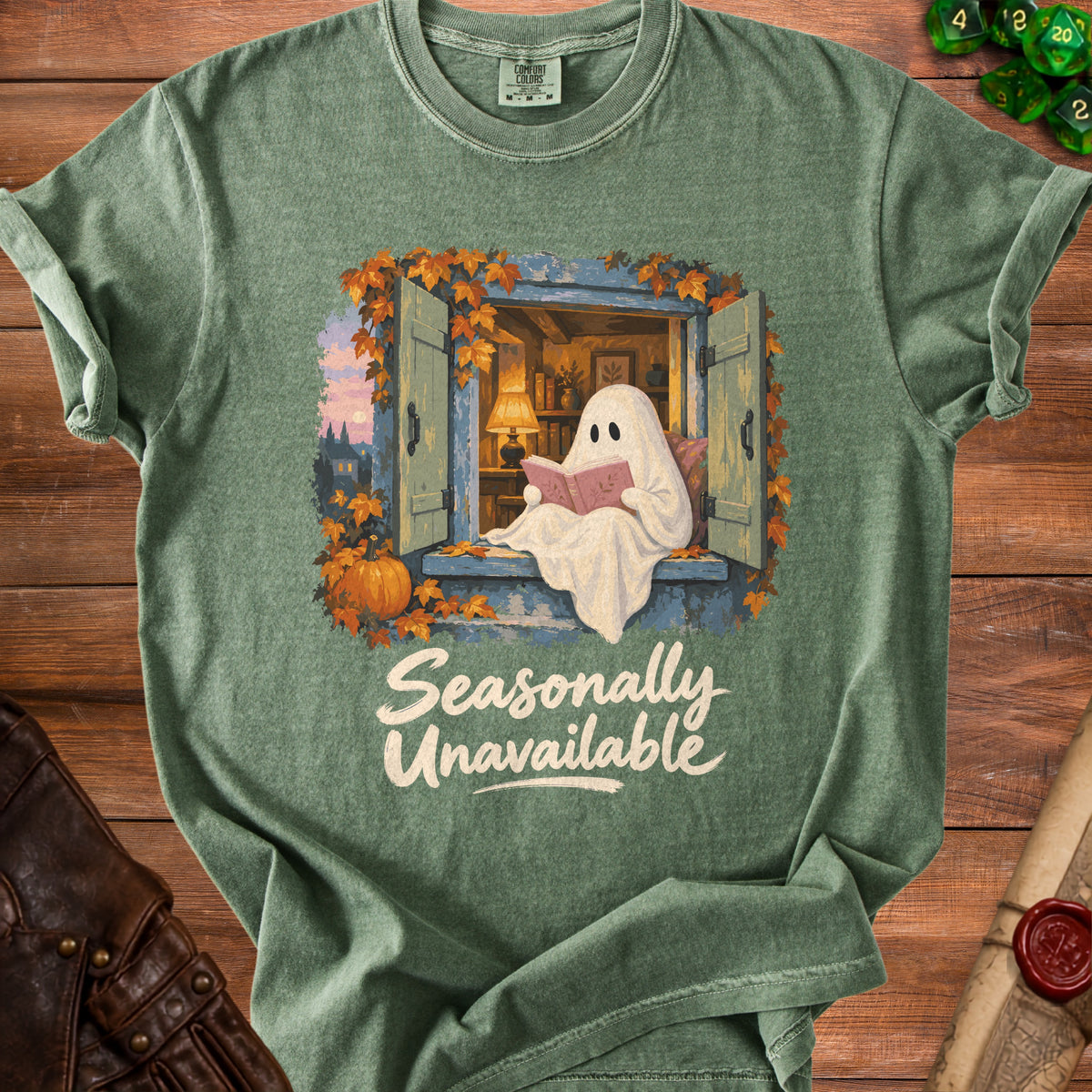 Ghost reading a book by a window with "Seasonally Unavailable" text.