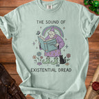 Shirt with wizard reading "Existential Tome" and black cat, text "The Sound of Existential Dread".