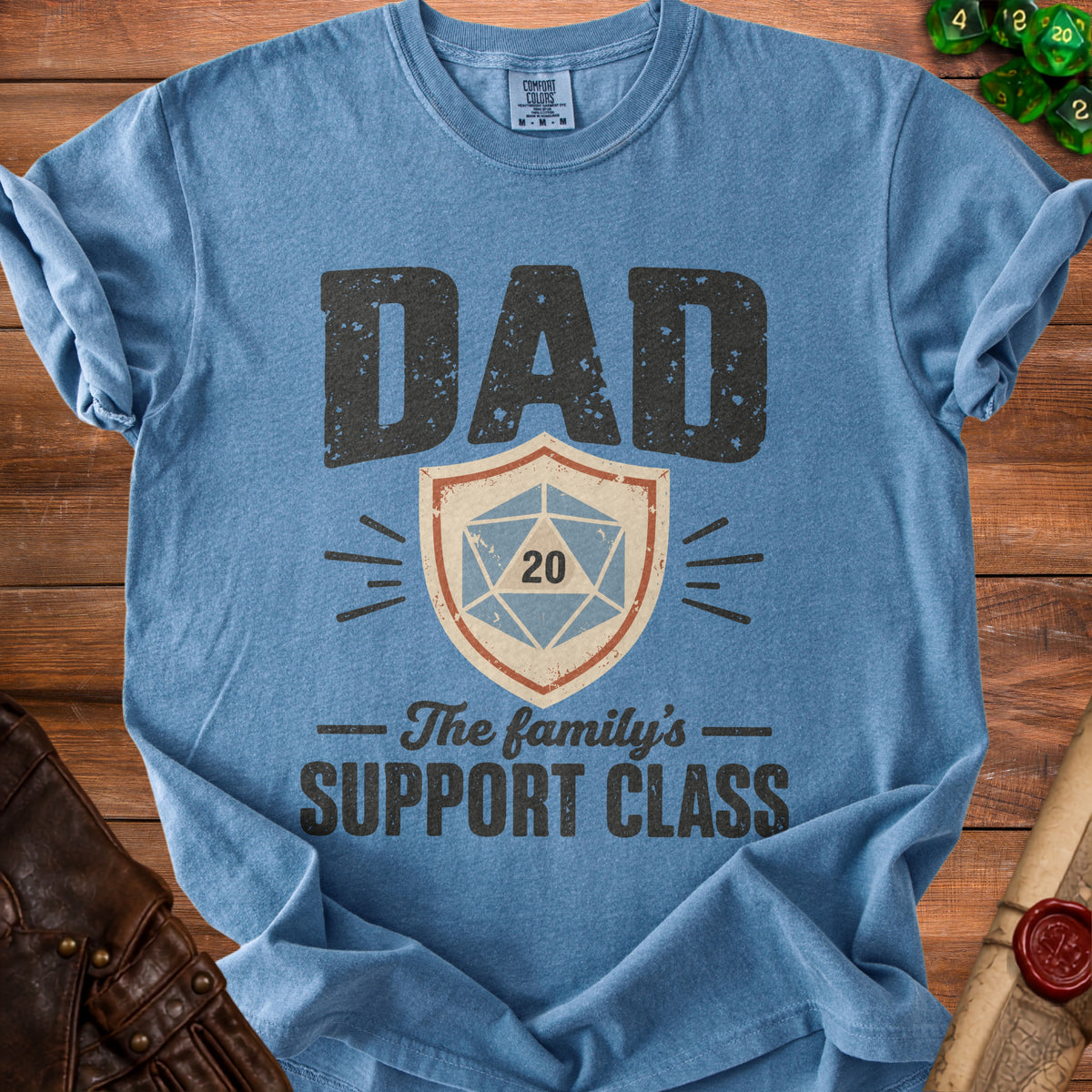 Blue t-shirt with "DAD SUPPORT CLASS" text and D20 dice graphic.