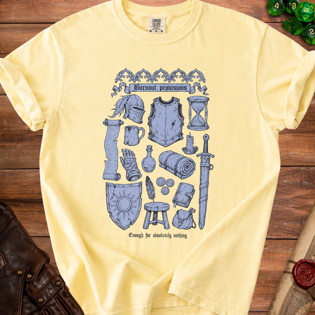Yellow t-shirt with "Burnout provisions" and fantasy adventure items design.