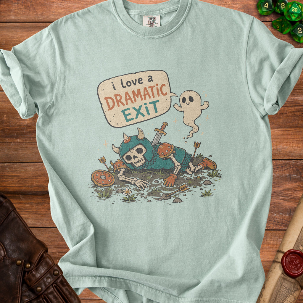 Light blue t-shirt with graphic of a fallen skeleton warrior and a ghost saying "i love a DRAMATIC EXIT".