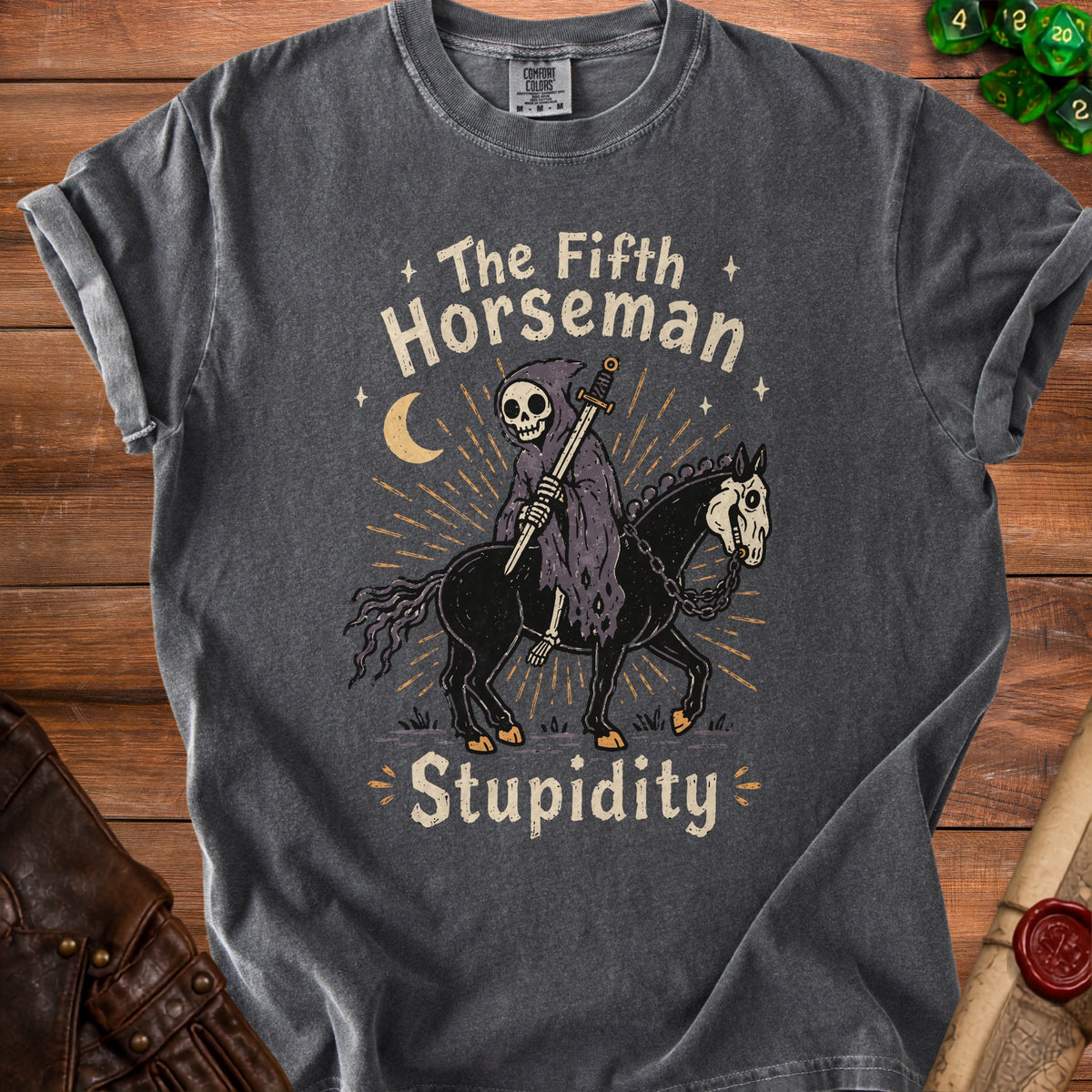 The Fifth Horseman Stupidity t-shirt features a grim reaper riding a skeleton horse.