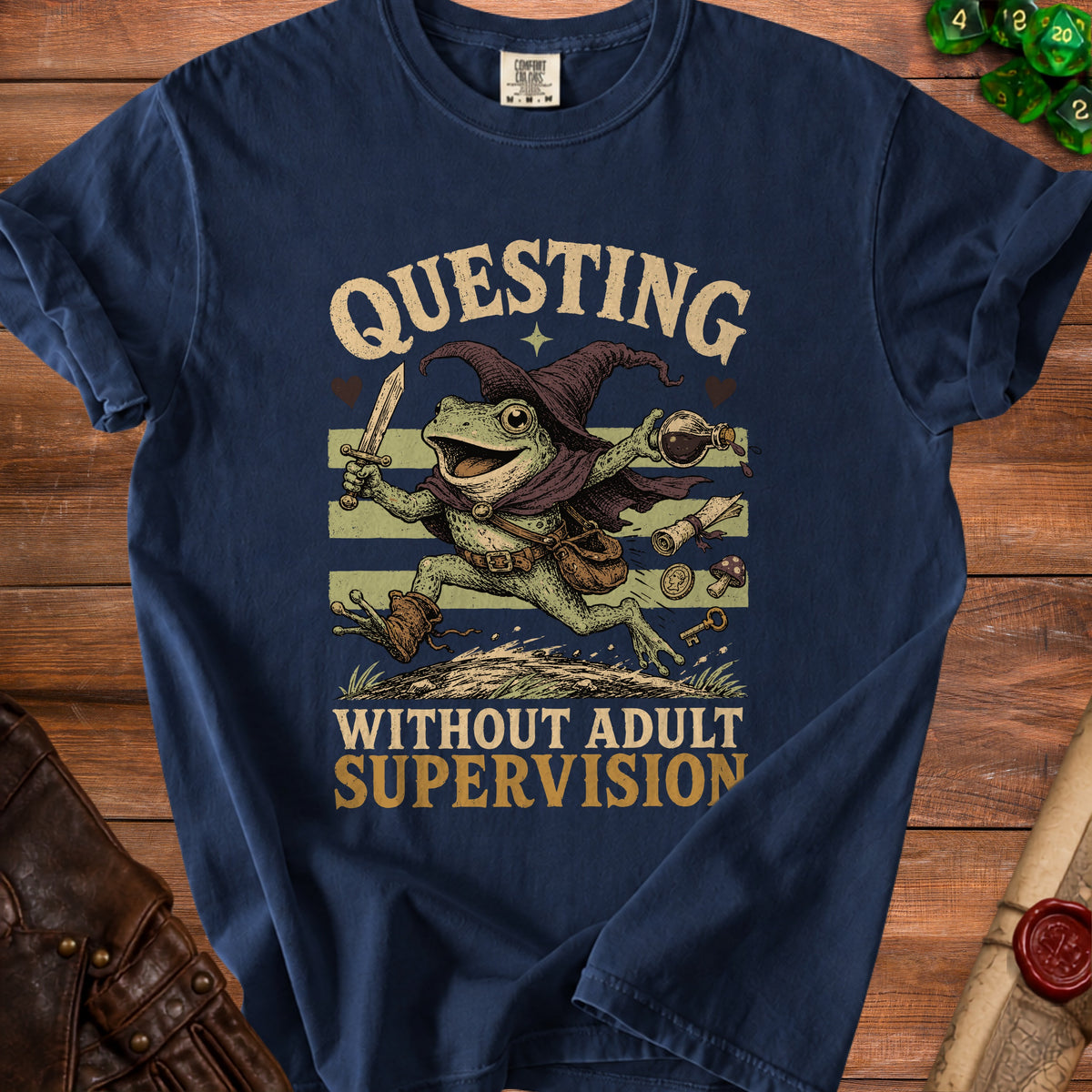 Frog in wizard hat with sword and potion, "Questing Without Adult Supervision" text.