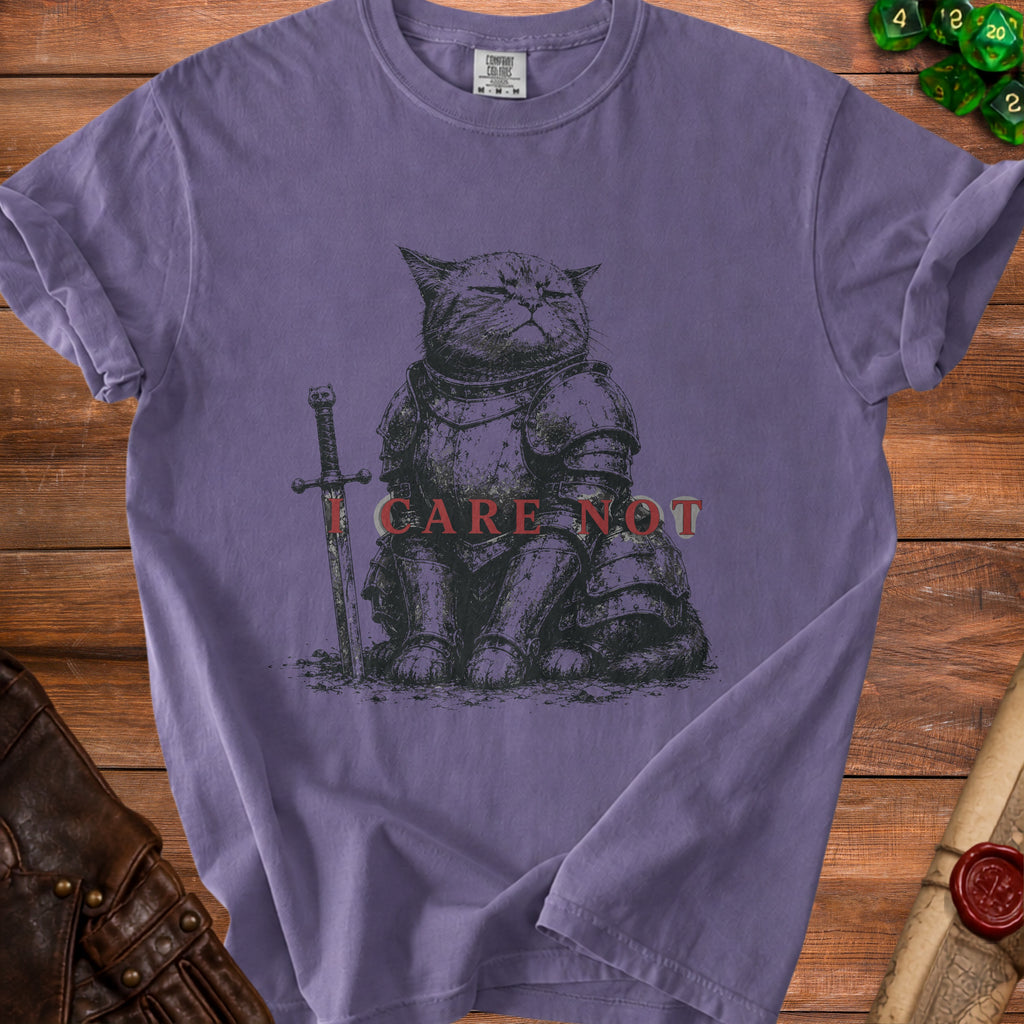 Purple t-shirt with illustration of armored cat and text "I CARE NOT".