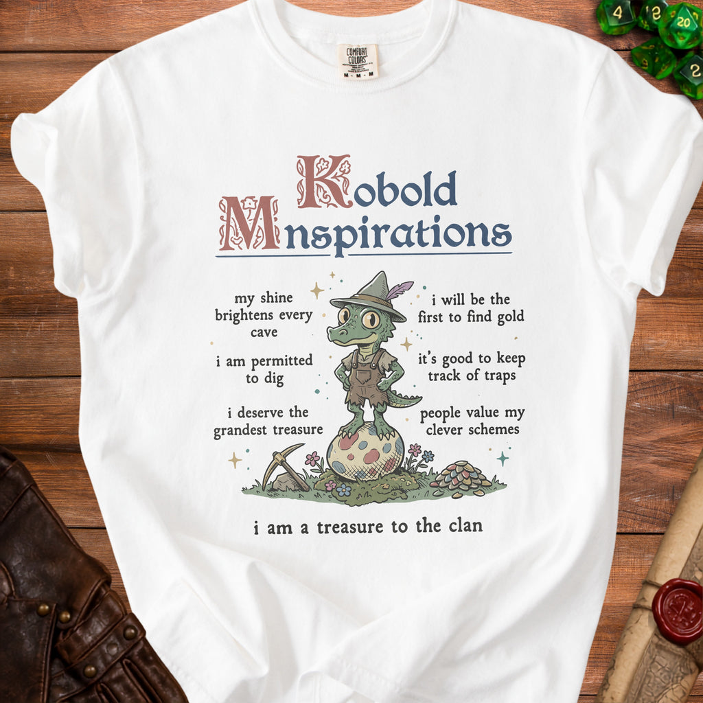 White t-shirt with "Kobold Minspirations" and illustrated sayings with a cartoon kobold.