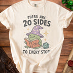 T-shirt with text "There are 20 sides to every story" and a frog.