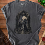 Dark grey t-shirt with gothic castle, moon, and couple graphic.