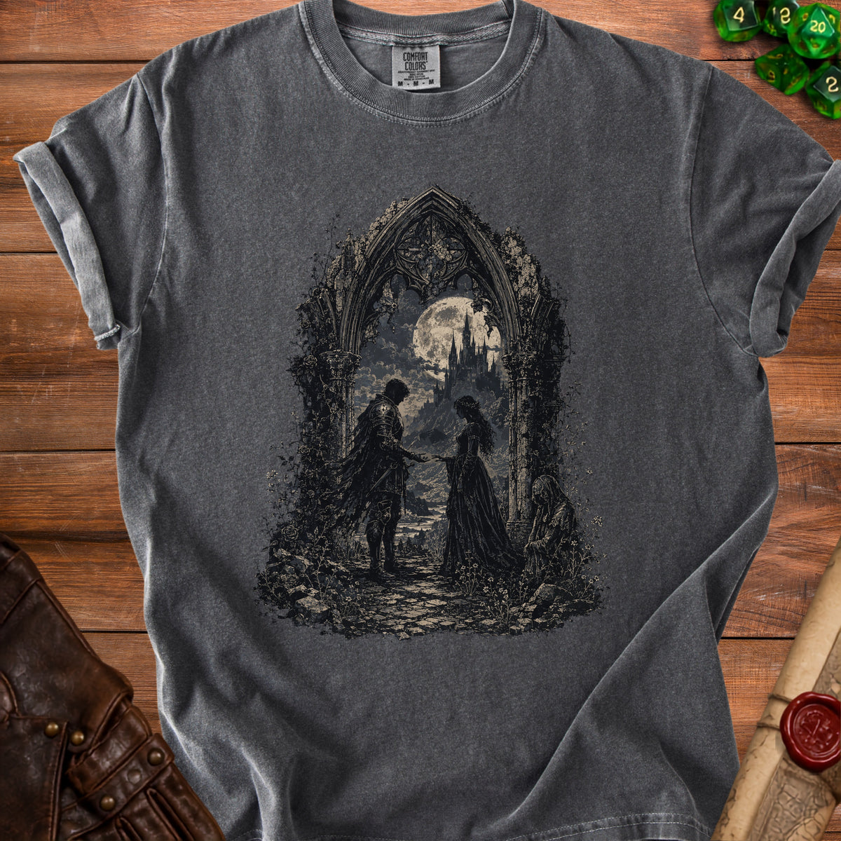 Dark grey t-shirt with gothic castle, moon, and couple graphic.
