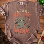 Brown t-shirt with cartoon imp graphic and text "Mercy is for the weak".