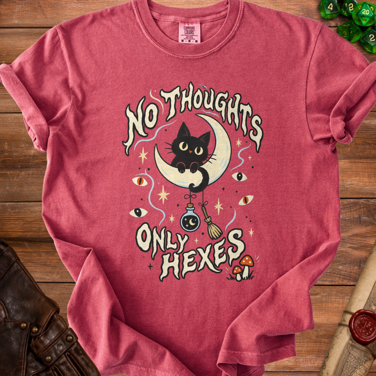 Crimson Comfort Colors shirt with black cat on moon and text "No thoughts only hexes".
