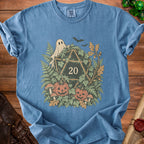Blue t-shirt with a ghost, pumpkins, mushrooms, and a D20 dice graphic.