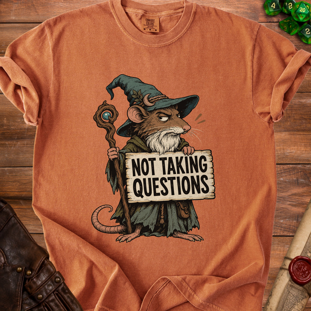 Illustration of a wizard mouse holding a sign that reads "NOT TAKING QUESTIONS".