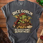 A dark gray t-shirt featuring a graphic of a goblin clutching a sack of polyhedral dice.
