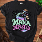Black t-shirt with "Mana Depleted" text and a potion bottle graphic.