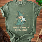 Green t-shirt with wizard illustration and "Mana is stored in the balls" text.
