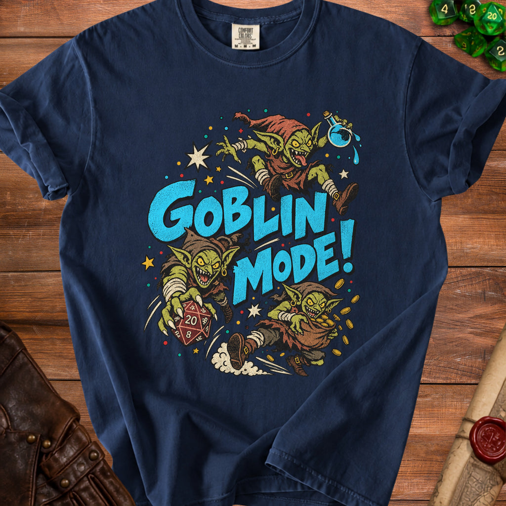 Navy t-shirt with "Goblin Mode!" text and three goblins holding dice and coins.