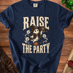 Dark blue t-shirt with "RAISE THE PARTY" text and a ghost holding a spellbook.