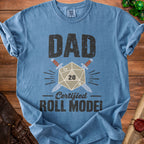 Blue t-shirt with "DAD Certified ROLL MODEL" text and dice imagery.
