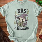 Light blue t-shirt with a grim reaper skeleton graphic and text "IBS I BE SLAYIN'".