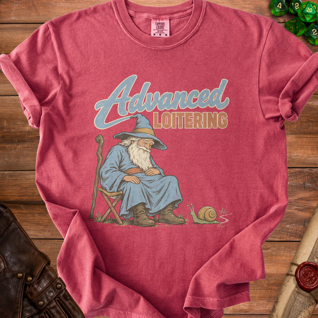 T-shirt with a wizard and snail illustration and "Advanced Loitering" text.