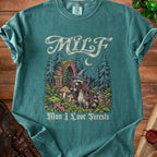 T-shirt with a raccoon wizard graphic and "MILF Man I Love Forests" text.