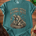 Knight kneeling with arrows, fire, and skull, text "I THINK I NEED A LONG REST".