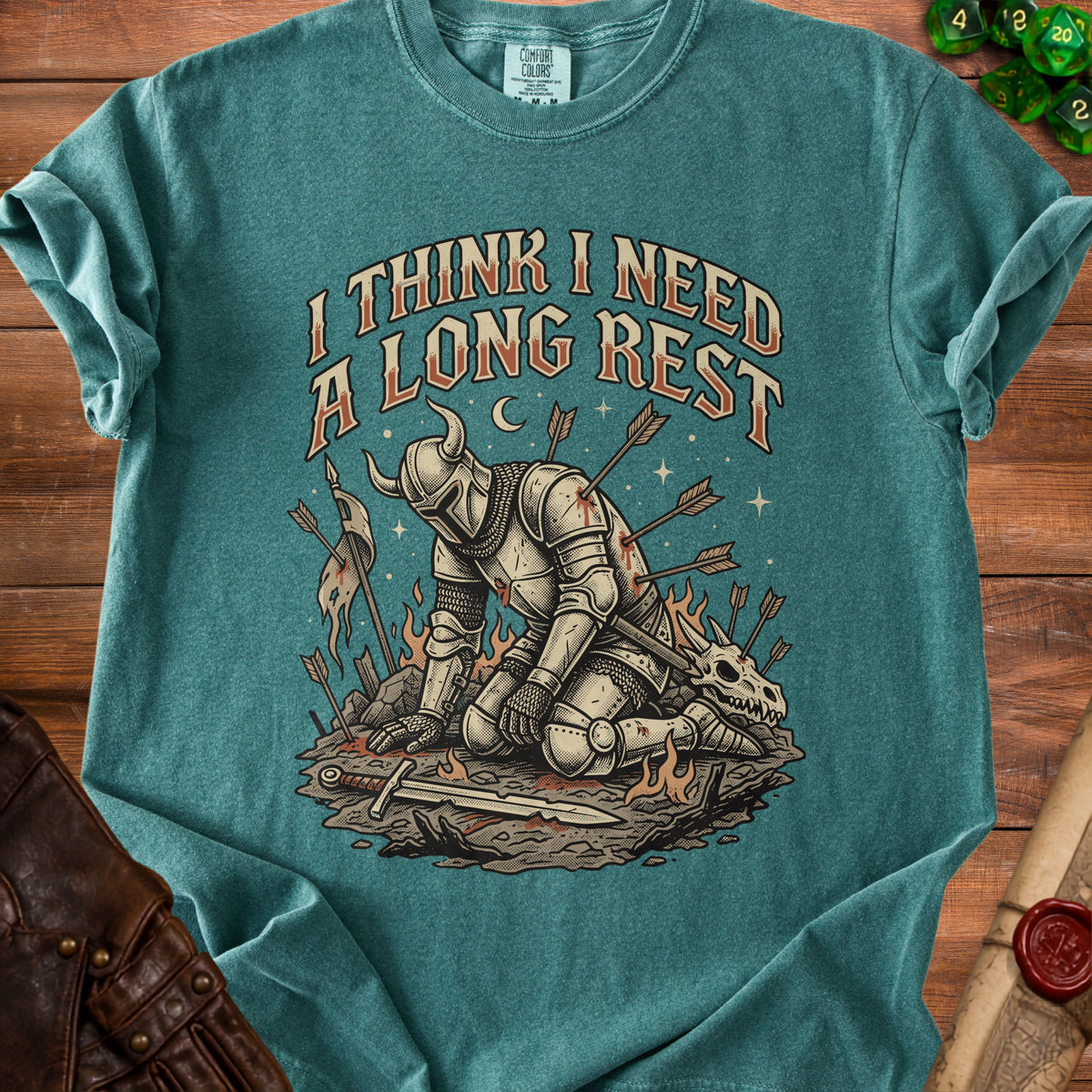 Knight kneeling with arrows, fire, and skull, text "I THINK I NEED A LONG REST".