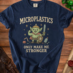 Navy t-shirt with text "MICROPLASTICS ONLY MAKE ME STRONGER" and a green goblin warrior illustration.