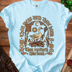 Light blue t-shirt with a goose holding a mace and the text "Thou mess with thine honk S·ME Thou receiveth thine bonk."