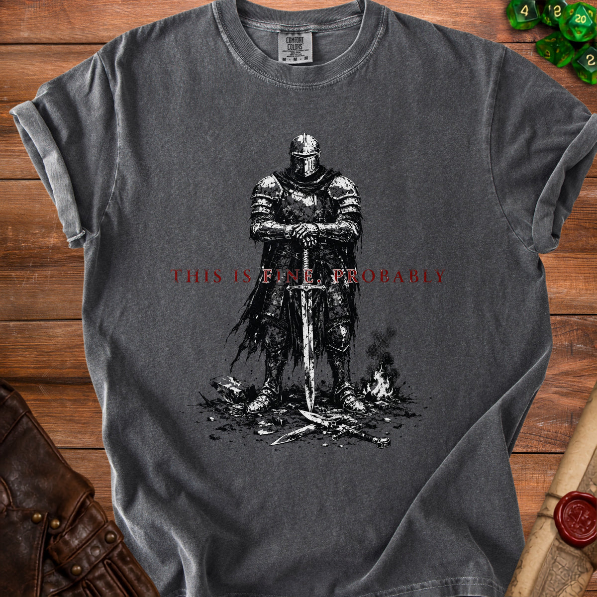 Dark grey t-shirt with black knight graphic and red text "THIS IS FINE, PROBABLY".
