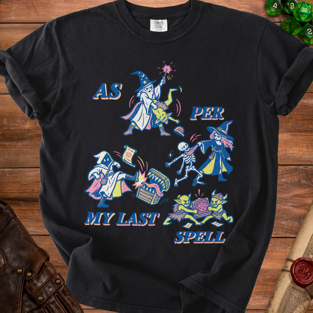 Black t-shirt graphic with wizards, skeleton, and goblins fighting over a spellbook and treasure.