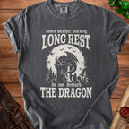 Dark grey t-shirt with text and dragon graphic: "Long Rest" and "Do Not Disturb The Dragon".