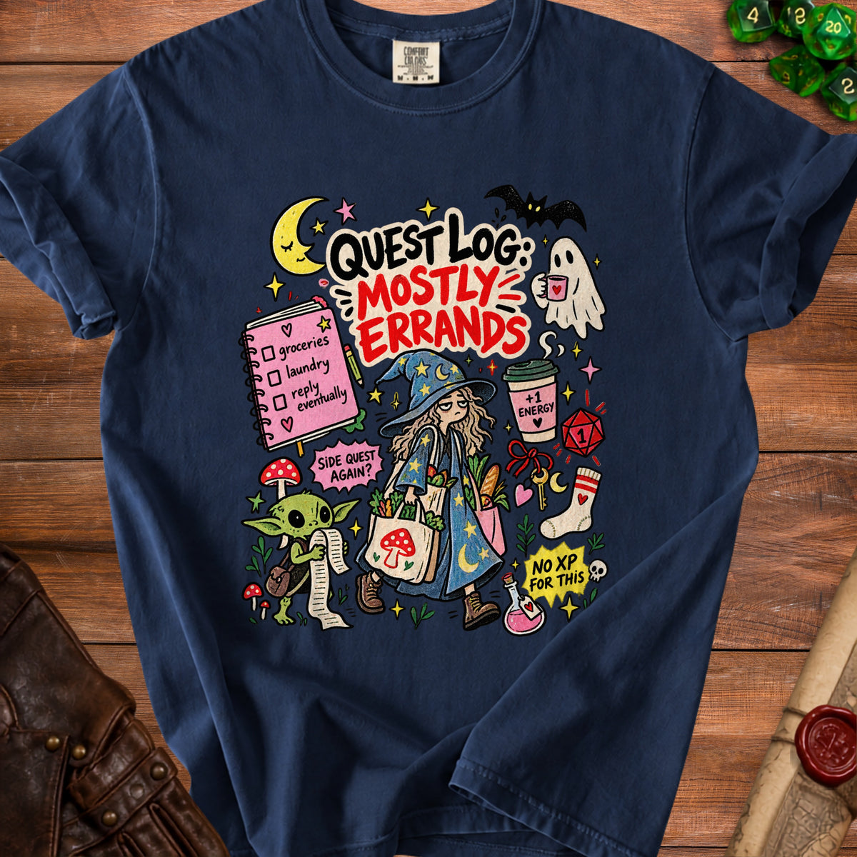 T-shirt graphic with "Quest Log: Mostly Errands" text and fantasy characters.