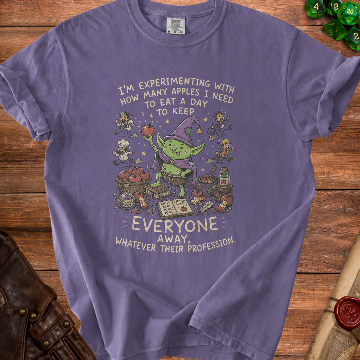 Goblin holding apple with text about keeping everyone away.