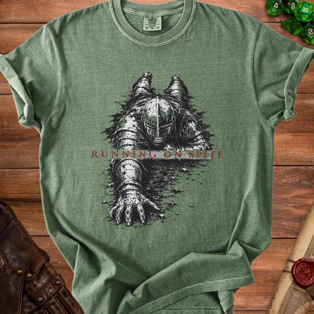 Green t-shirt with armored knight graphic and text "RUNNING ON SPITE".