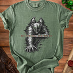 Green t-shirt with armored knight graphic and text "RUNNING ON SPITE".