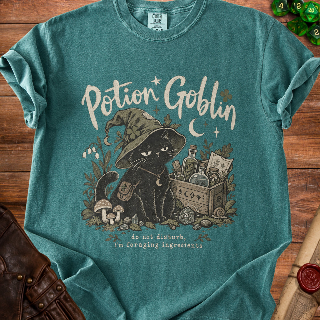 Black cat with witch hat, potions, and "Potion Goblin" text.