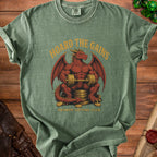 Green t-shirt with a muscular red dragon lifting weights, text "HOARD THE GAINS" and "DRAGON LIFTING CLUB".
